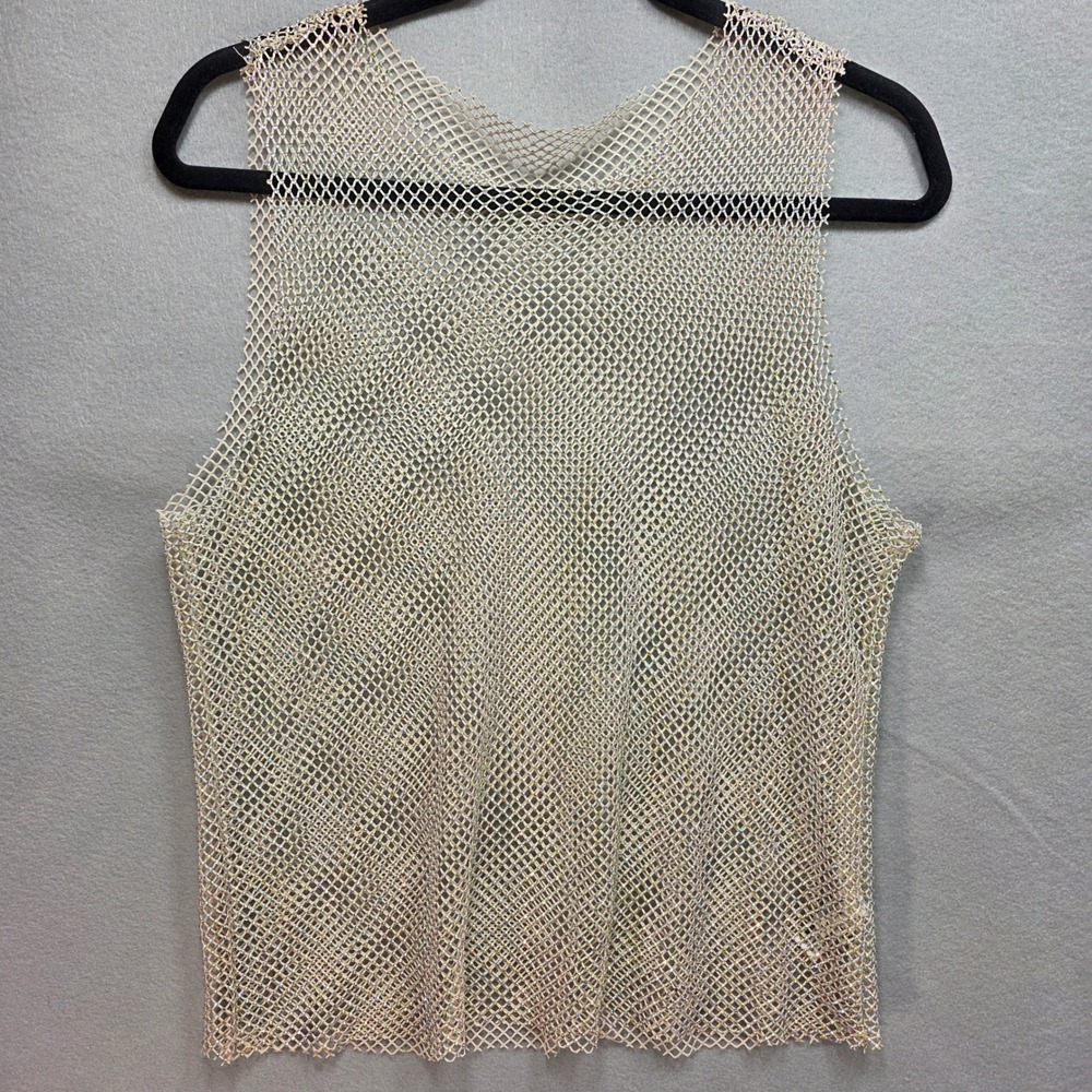 Haute Monde Tank Top Women M Iridescent Mesh Beige Fishnet Y2K Club Sheer Rave